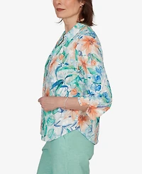 Alfred Dunner Petite Caribbean Blues Tropical Flower Eyelet Tie-Sleeve Top