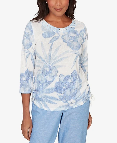 Alfred Dunner Petite Caribbean Blues Monotone Dramatic Floral Tropical Top