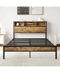 flynama Metal Bed Storage Headboard Charging Station Bookcase