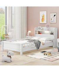 flynama Wood Platform Bed Led Light Storage Headboard Guardrail Pine Wood