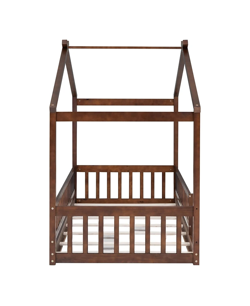 flynama Wood House Bed Walnut Roof Fence Pine Wood Frame 7 Slats Kids Teens