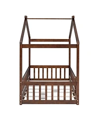 flynama Wood House Bed Walnut Roof Fence Pine Wood Frame 7 Slats Kids Teens