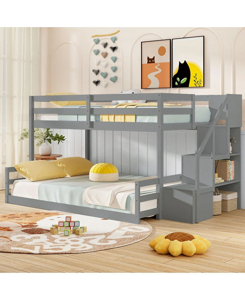 Sugift Solid Wood Twin Over Full Low Bunk Bed with Storage Stairs