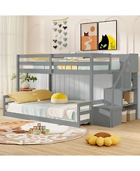 Sugift Solid Wood Twin Over Full Low Bunk Bed with Storage Stairs