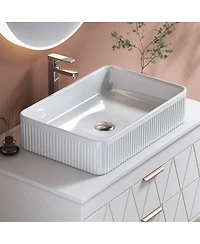 Sillysis 20.1" White Rectangular Ceramic Vessel Sink, Modern Drop-In Bathroom Basin with Vertical Stripe, Contemporary Style
