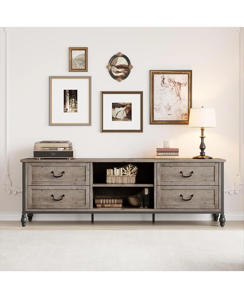 gaomon 70 Inch Mid-Century Modern Tv Stand with Storage, Featuring Metal Roman Columns and Drawer, Tv Console Table for Living Room