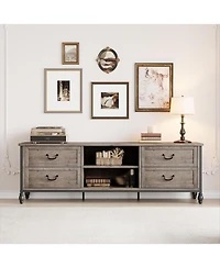 gaomon 70 Inch Mid-Century Modern Tv Stand with Storage, Featuring Metal Roman Columns and Drawer, Tv Console Table for Living Room