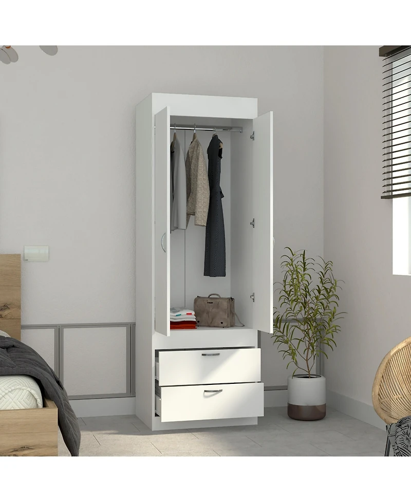 flynama Armoire 70 Inch High Double Door Cabinet with Two Drawers Metal Handles and Hanging Rod