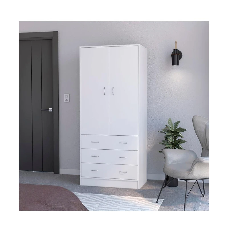 flynama Ramey Armoire Bedroom Storage Organizer with Hanging Rod Three Drawers and Stylish Handles