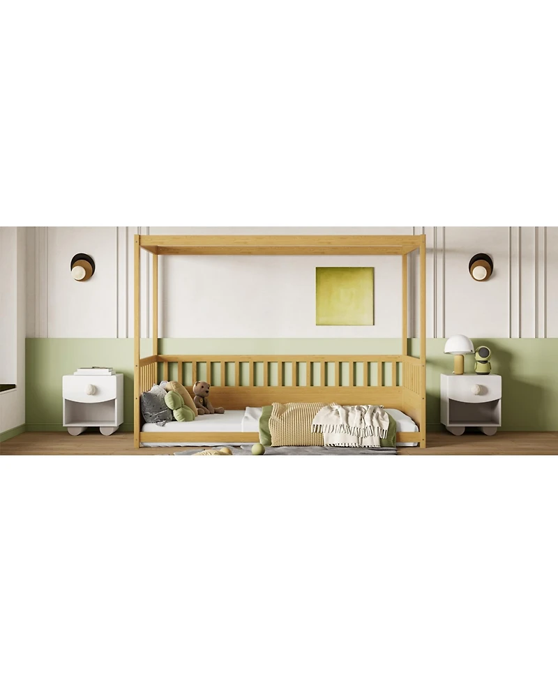 flynama Wooden Canopy Floor Bed With Guardrails Four Poster Design For Kids