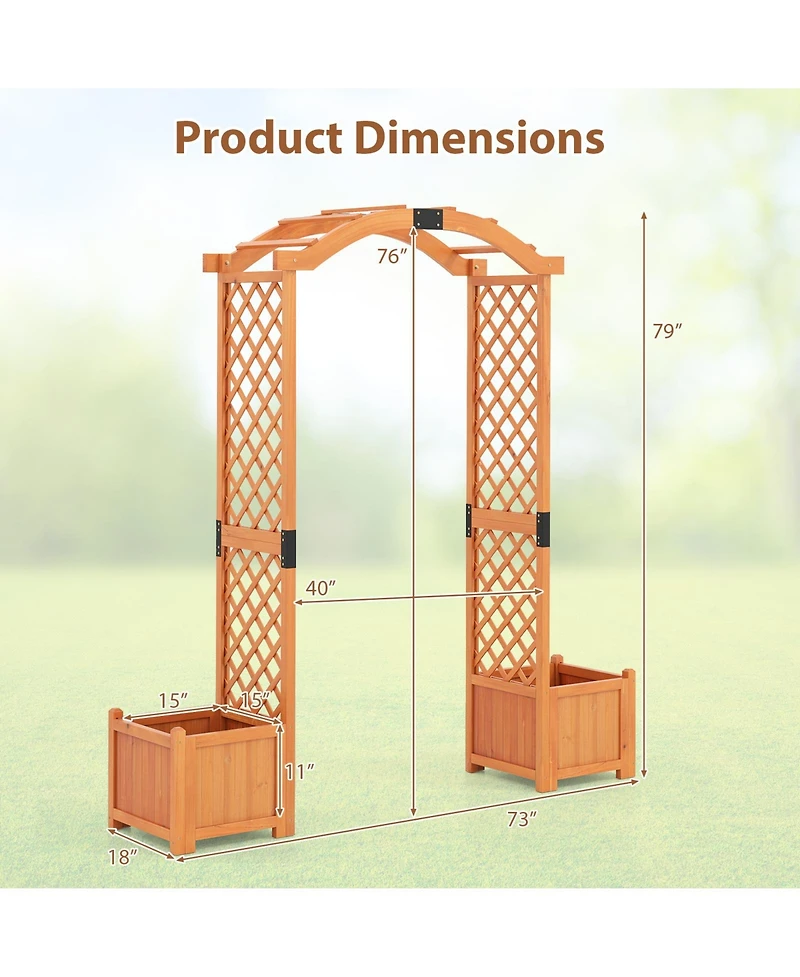 Gymax Wooden Garden Arbor w/ 2 Planter Boxes Drainage 6 Ft Solid Wood Arbour Trellis