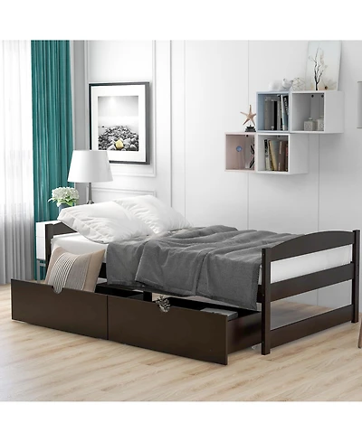 flynama Espresso Wood Platform Bed with Two Storage Drawers Space Saving Design for Bedroom