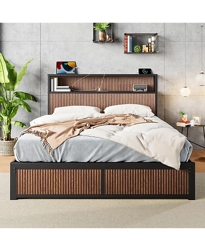 flynama Wooden Platform Bed With Multiple Drawers Storage Socket Wood