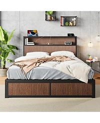 flynama Wooden Platform Bed With Multiple Drawers Storage Socket Wood
