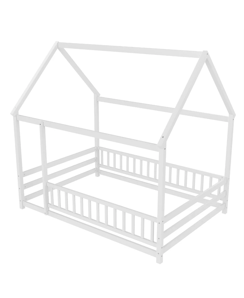 flynama Wooden Floor Bed With House Roof Frame And Fence Guardrails For Kids