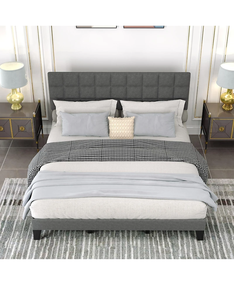 Sugift King Size Modern Linen Bed Frame with Adjustable Headboard