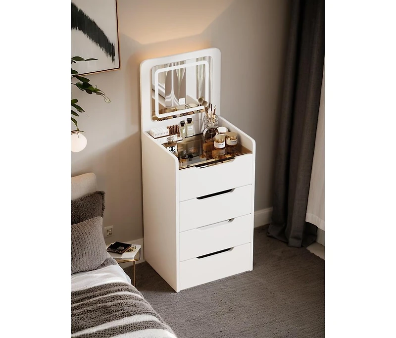 Flynama Space Saving Small Vanity Table with Basic Standard Mirror and Cushioned Stool Makeup
