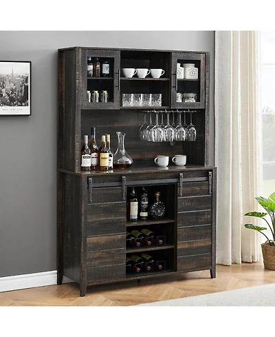 gaomon 70'' Tall Farmhouse Coffee Bar Cabinet, Kitchen Hutch Storage with Sliding Barn Door