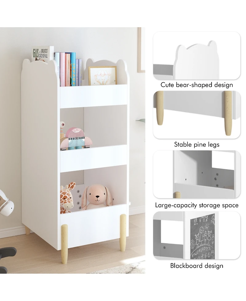 Rainsken Bear Shaped Wooden Bookcase, Kids Book Display Shelf with Chalkboard Side and 3-Tier Storage for Playroom, Bedroom, Kindergarten