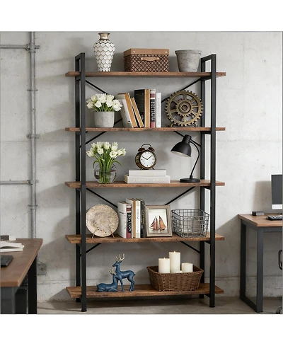 Rainsken 5 Tier Bookshelf, Industrial Etagere Bookcase, Open Design Display Shelf Unit with Heavy-Duty Metal Frame for Living Room, Home Office, Study