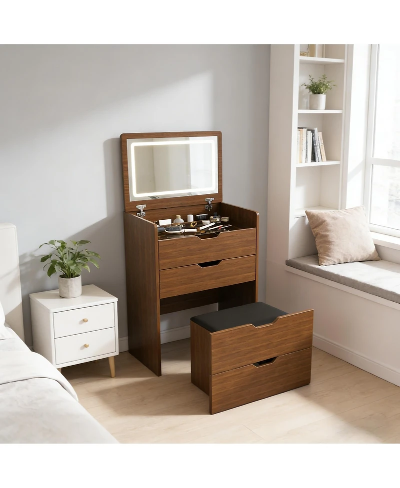 Flynama 3 in 1 Vanity Desk with Lighted Mirror and Stool Flip Top Makeup Dressing Table Compact Storage for Bedroom