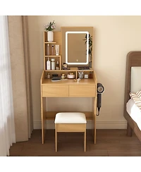 Flynama Space Saving Small Led Vanity Table with Basic Standard Mirror Classic and Cushioned Stool