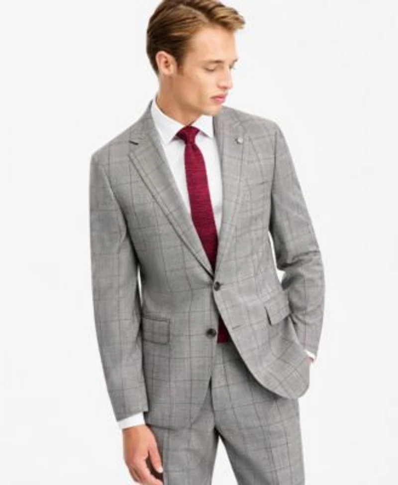 Ted By Ted Baker Mens Modern Fit Gray Wine Plaid Suit Separates