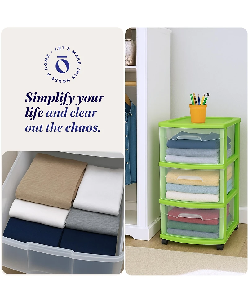 Homz Plastic 3 Drawer Medium Storage Container Tower, Clear Drawers/Lime Frame