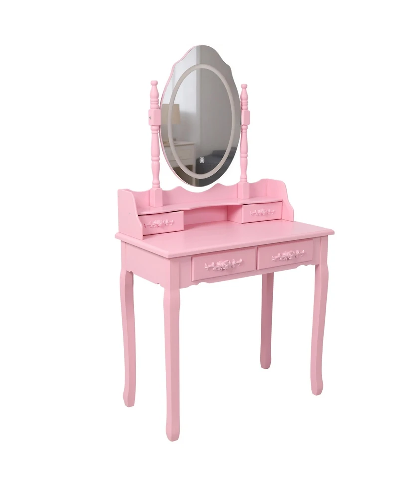 Flynama Princess Vanity Desk Set with Mirror Cushioned Stool Light Modes 4 Drawer Wooden Makeup Vanity Table for Girls Bedroom