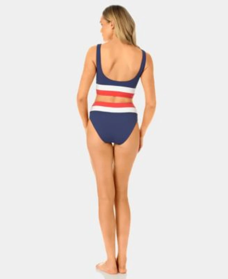 California Waves Womens Color Block Mini Rib Long Line Swim Bikini Top Banded High Waist Swim Bottoms