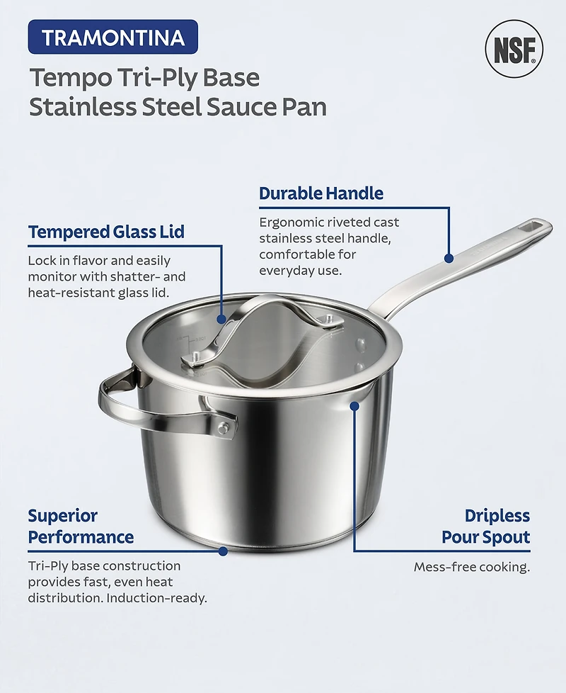 Tramontina Tempo Tri-Ply Base Stainless Steel 4-Quart Sauce Pan with Glass Lid