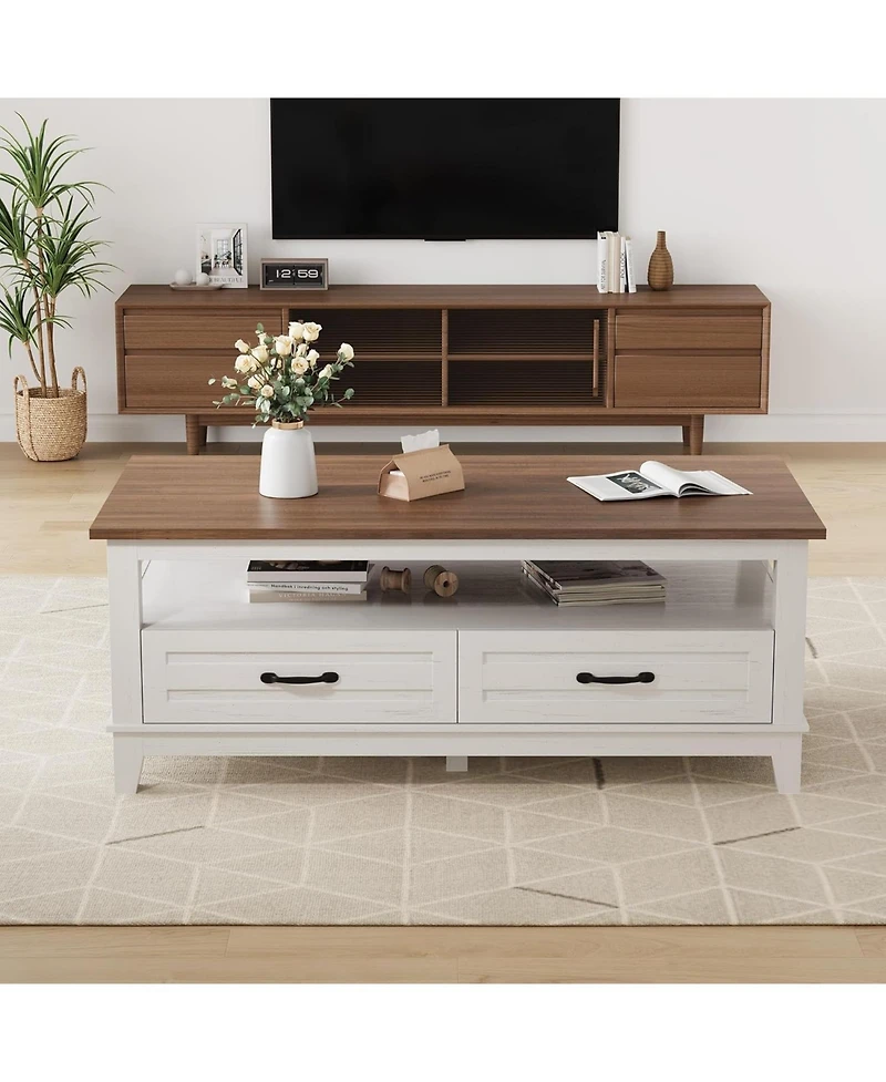 gaomon Farmhouse Coffee Table with Drawers, Center Rustic Tables Living Room Table, Open Shelf and 6 Support