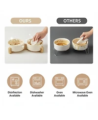 Aronkl Ceramic Dog Cat Bowl Set with Wooden Stand Modern Weighted Food Water