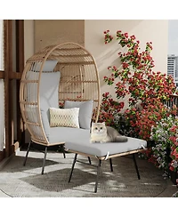 gaomon Oversized Wicker Egg Chair with Ottoman, Patio Lounge Egg Chair with Thick Cushion, Rattan Egg Basket with Steel Frame for Indoor/Outdoor