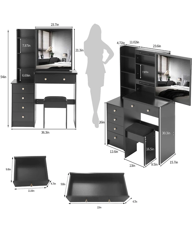 Flynama Modern Medium Led Vanity Table with Bedside Cabinet Slide Mirror Classic and Cushioned Stool