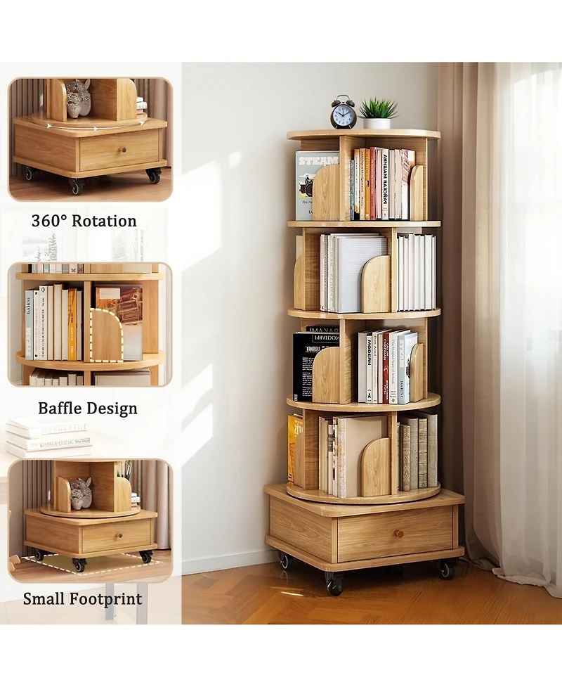 Rainsken 5 Tier Rotating Bookshelf with Drawers On Wheel, 360° Display Spinning Corner Bookcase