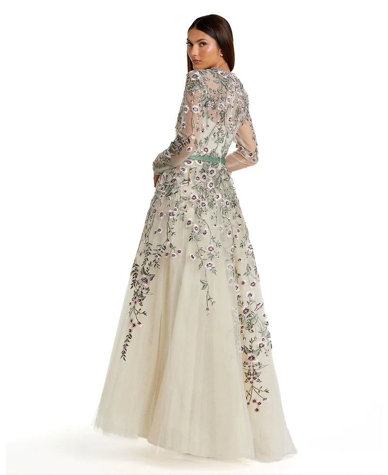 Mac Duggal Women's Long Sleeve Floral Embellished A-Line Gown