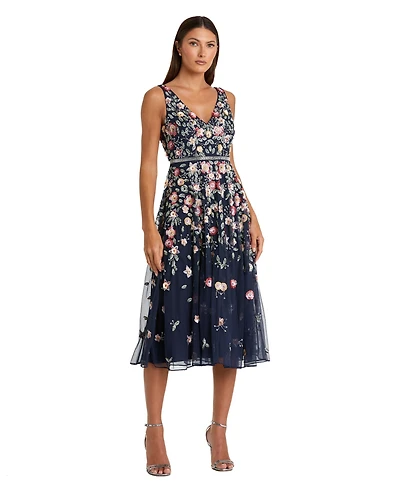 Mac Duggal Women's Floral Beaded V-Neck Sleeveless A-Line Midi Dress