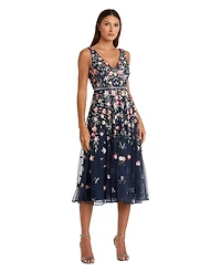 Mac Duggal Women's Floral Beaded V-Neck Sleeveless A-Line Midi Dress
