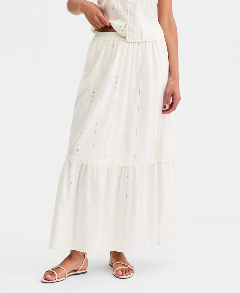 Liverpool Los Angeles Women's Embroidered Tiered Cotton Pull-On Maxi Skirt
