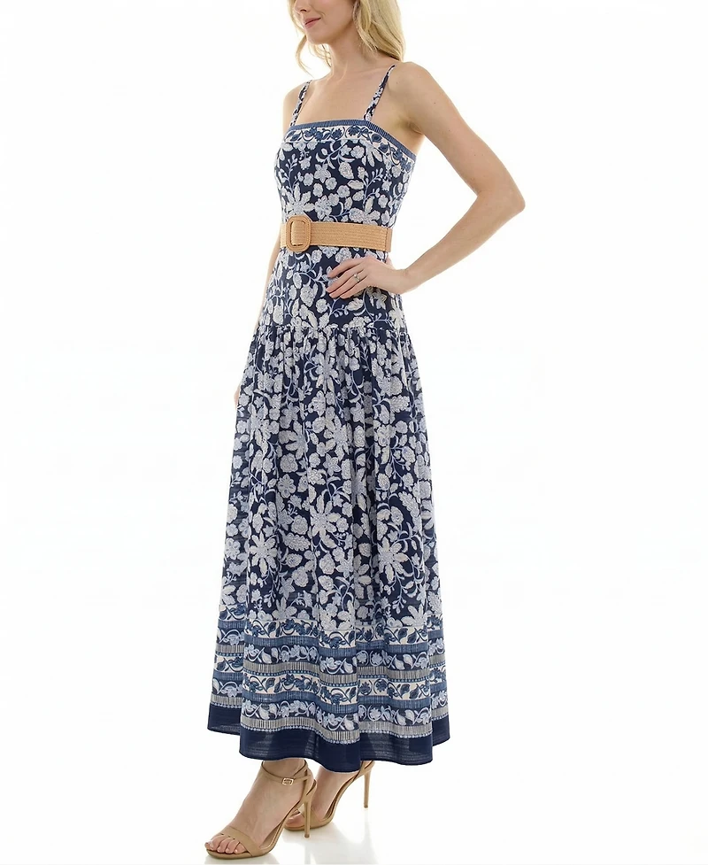 Taylor Women's Belted Drop Waist Square Neck Floral Dress