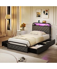 Sugift Platform Bed Frame with Led Lights and Charging Station