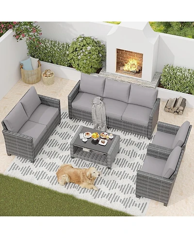 gaomon All Weather 5-Piece Patio Conversation Set - Pe Wicker Modular Sectional Sofa with Tempered Glass Table