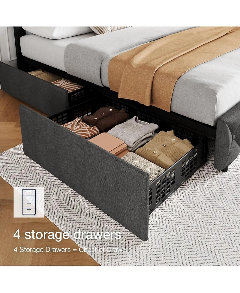 gaomon Bed Frame with 4 Drawers Linen Upholstered Platform Headboard Slat Support
