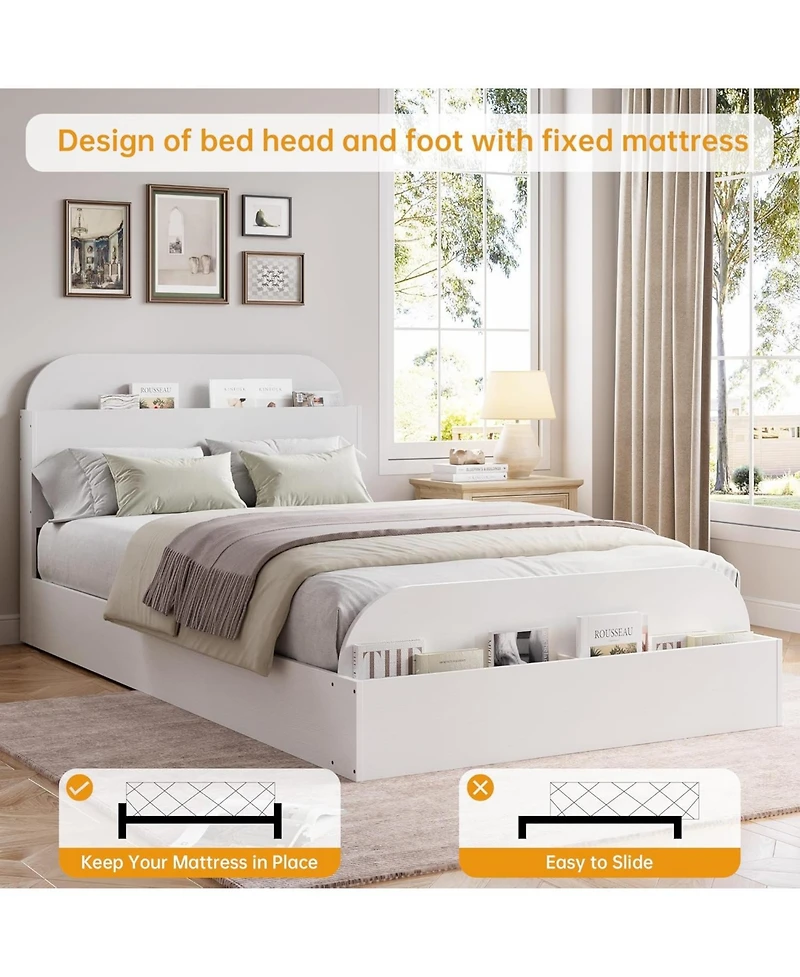 gaomon Bed Frame with Storage Headboard and Raised Footboard Low Platform Wood Slats No Box Spring