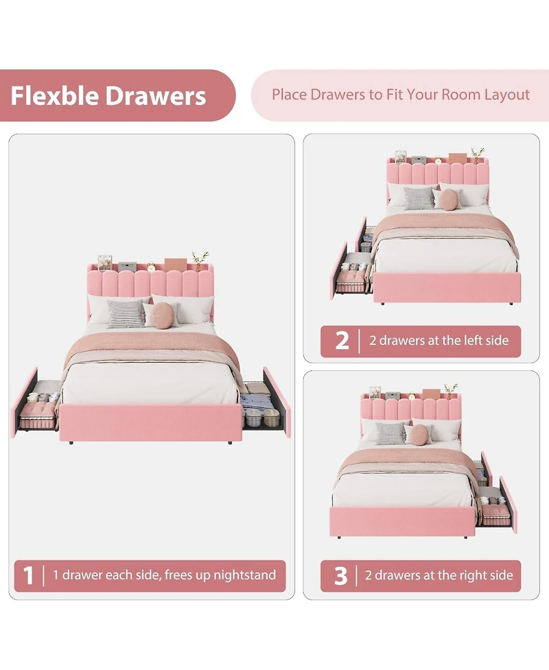 gaomon Bed Frame with Led Storage Headboard, 2 Drawers, Boucle Upholstery, Bookcase, Girls Platform, No Box Spring