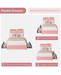 gaomon Bed Frame with Led Storage Headboard, 2 Drawers, Boucle Upholstery, Bookcase, Girls Platform, No Box Spring