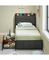 gaomon Bed Frame with 2 Drawers Charging Station Rustic Linen Upholstered No Box Spring Needed