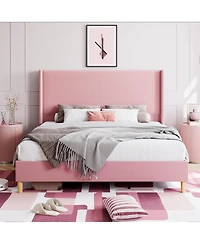 gaomon Queen Corduroy Upholstered Platform Bed, Channel Tufted Wingback Headboard, Strong Slats, Easy Assembly