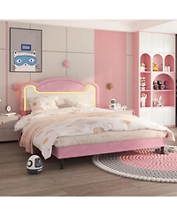 gaomon Full Upholstered Platform Bed with Led and Fabric Headboard, Princess Style, Wood Slats